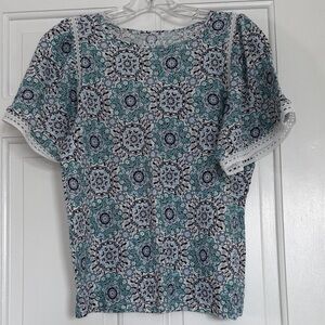 LOFT Teal and Navy Mosaic Medallion Short Sleeve Blouse 100% Linen